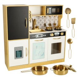 Wooden kitchen for children with refrigerator gold