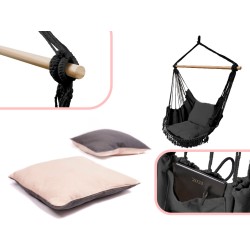 Chaise hamac brésilienne avec coussins noirs avec glands
