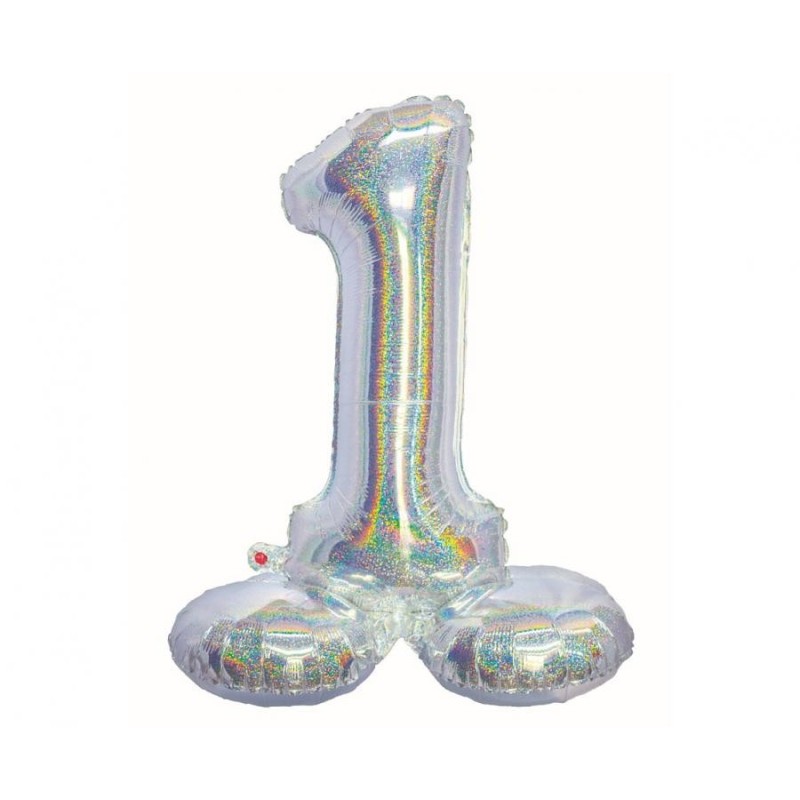 Number Holographic Silver, Silver Number 1 Foil Balloon with Base 72 cm