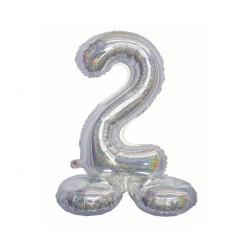 Number Holographic Silver, Silver Number 2 Foil Balloon with Base 72 cm