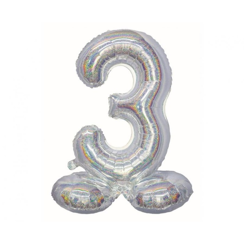 Number Holographic Silver, number 3 foil balloon with base 72 cm