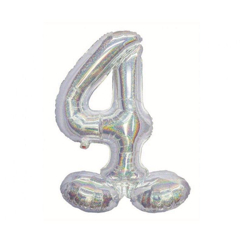 Number Holographic Silver, Silver number 4 foil balloon with base 72 cm