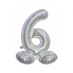 Number Holographic Silver, Silver Number 6 Foil Balloon with Base 72 cm