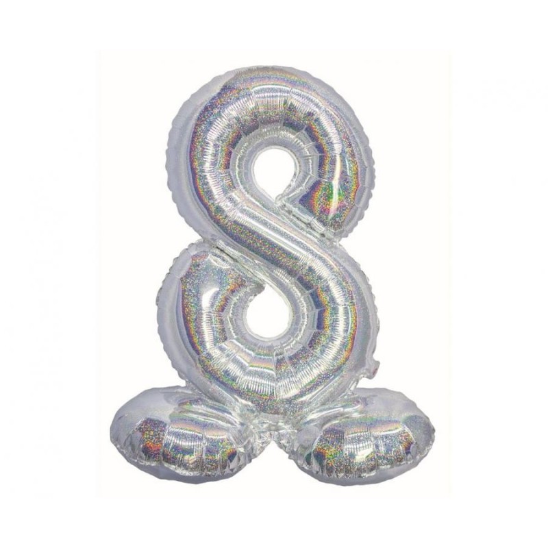 Number Holographic Silver, Silver Number 8 Foil Balloon with Base 72 cm