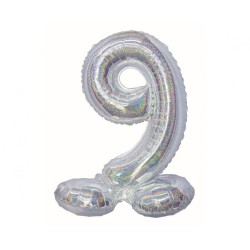 Number Holographic Silver, Silver number 9 foil balloon with base 72 cm