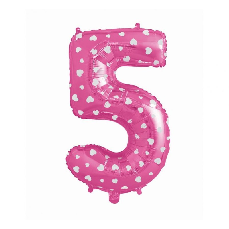 Number Pink with Hearts, Pink Number 5 Foil Balloon 61 cm