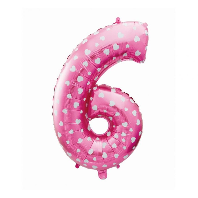 Number Pink with Hearts, Pink Number 6 Foil Balloon 61 cm