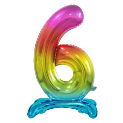 Ballon en aluminium coloré numéro 6 arc-en-ciel avec base 74 cm