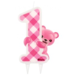 Number Pink Teddy First Birthday Glitter Candle