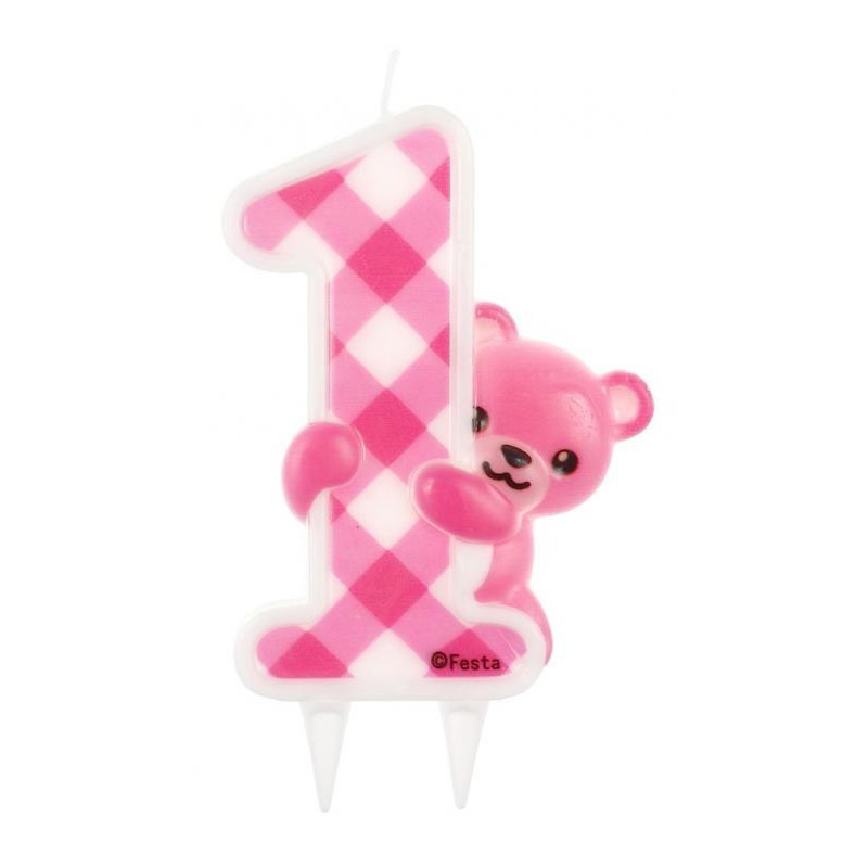 Number Pink Teddy First Birthday Glitter Candle