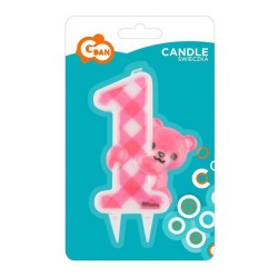 Number Pink Teddy First Birthday Glitter Candle