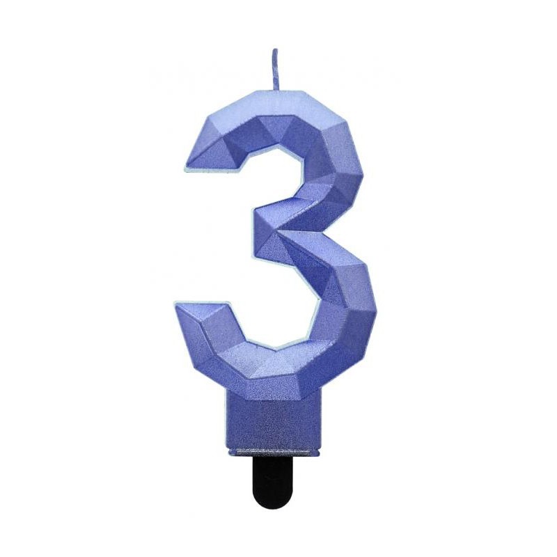 Number Diamond Metallic Blue Number 3 Candle, Cake Candle