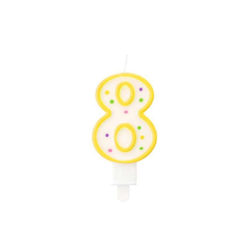 Colour Dots Yellow outlined number 8 candle, cake candle