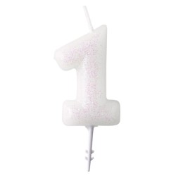 Colour White, White glitter candle 1 number 6.5 cm