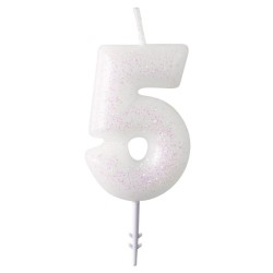 Colour White, White glitter candle number 5, 6.5 cm