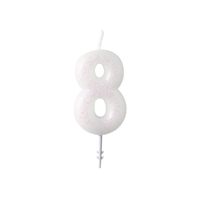 Colour White, White glitter candle 8-shaped 6.5 cm