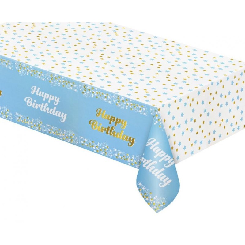 Nappe en aluminium Happy Birthday bleu clair B&C 137x183 cm