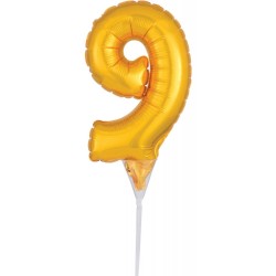 Number Gold, Number 9 foil balloon for cake 15 cm