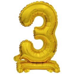 Number Gold, Gold mini number 3 foil balloon with base 38 cm