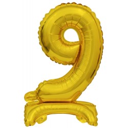 Number Gold, Gold mini number 9 foil balloon with base 38 cm