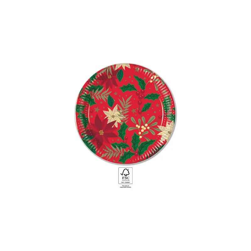 Christmas Holly Poinsettia i paper plate 8 pcs 23 cm FSC