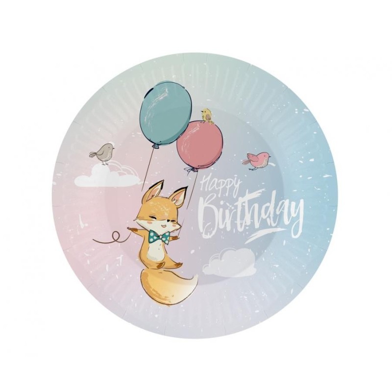 Assiettes en papier Happy Birthday avec ballons d'anniversaire et renard, 6 pièces, 18 cm