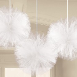 Décoration à pompons en tulle à suspendre en couleur blanche, lot de 3