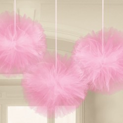 Colour Pink, Hanging Tulle Pom Pom Decoration 3 pcs