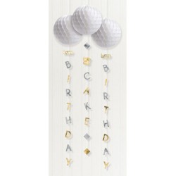 Happy Birthday Silver, Gold Happy Birthday hanging decoration set of 3