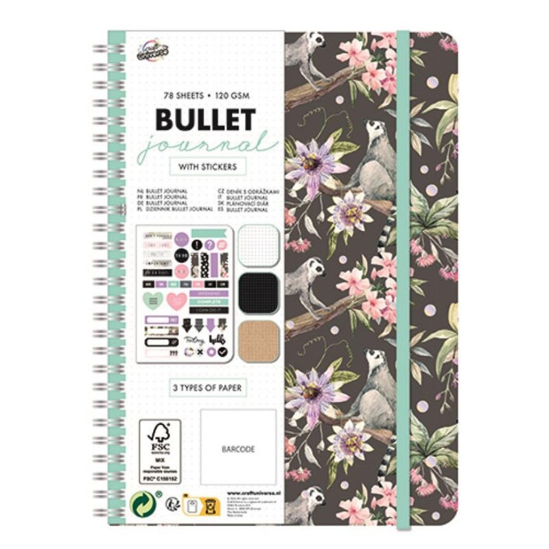 Colour Bullet Journal, Ring-tailed Lemur Patterned Planner Notebook A5 with Stickers