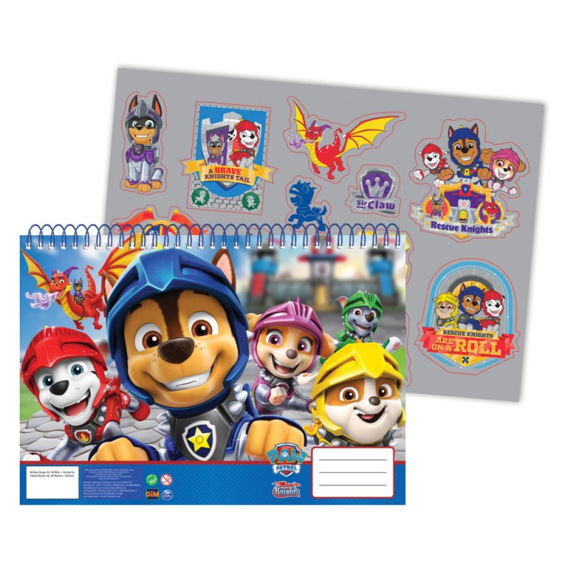 Carnet de croquis à spirale A/4 Paw Patrol Knights avec 40 feuilles et autocollants