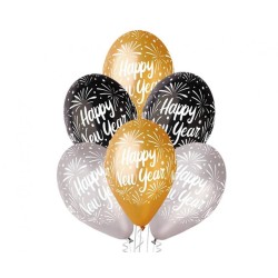 Ballons de Nouvel An, Bonne Année, Or, Argent, Noir, 6 pièces, 12 pouces (30 cm)