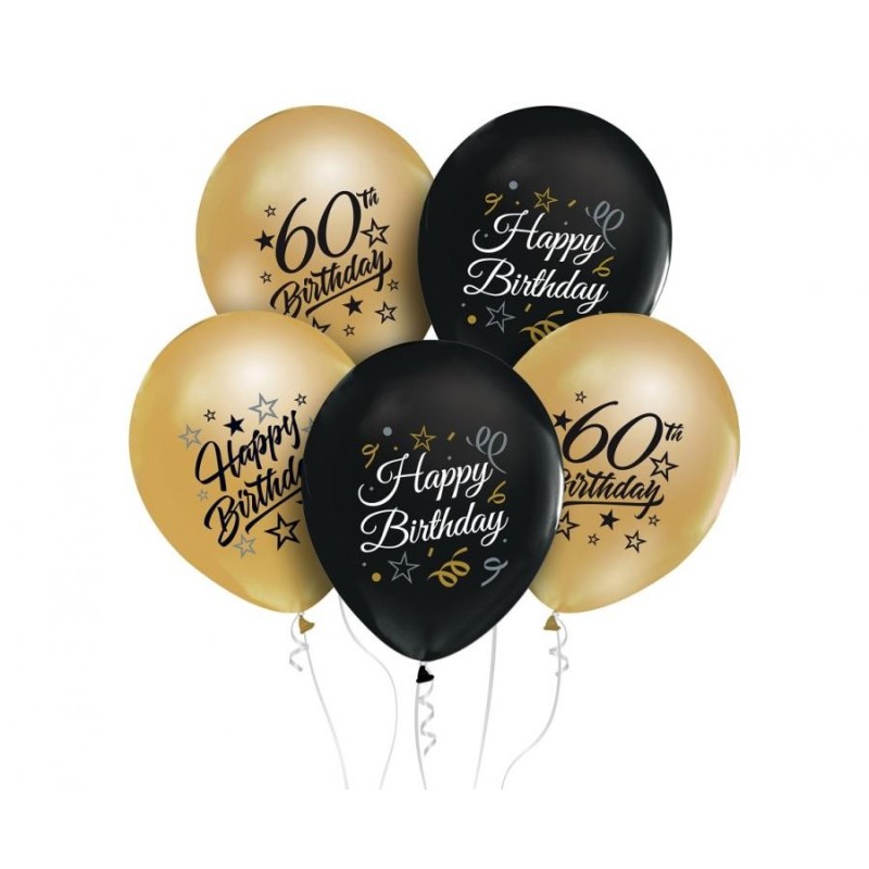 Happy Birthday Gold-Black Colorful Happy Birthday 60 Balloons, 5 pcs 12 inch (30 cm)