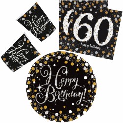 Coffret de fête Happy Birthday Gold 60 avec 32 pièces et assiette de 23 cm