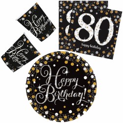 Coffret de fête Happy Birthday Gold 80 32 pièces avec assiette de 23 cm