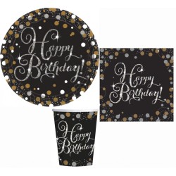 Coffret de fête d'anniversaire Happy Birthday Gold avec 32 pièces et assiette de 23 cm