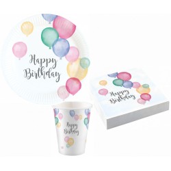 Coffret de fête pastel Joyeux anniversaire 36 pièces. avec assiette de 18 cm