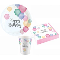 Happy Birthday Happy Birthday Pastel party set with 36 pieces 18 cm plate