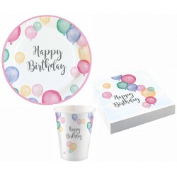 Coffret de fête Joyeux anniversaire Pastel 36 pièces avec assiette de 23 cm