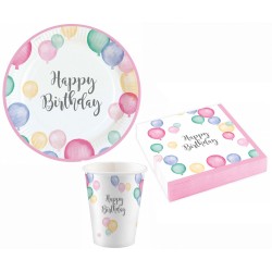 Happy Birthday Happy Birthday Pastel party set with 36 pieces and 23 cm plates