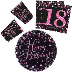 Coffret de fête Happy Birthday Pink 18 32 pièces avec assiettes de 23 cm