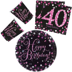 Coffret de fête Happy Birthday Pink 40 32 pièces avec assiette de 23 cm