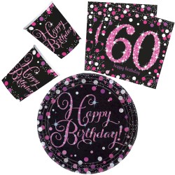 Coffret de fête Happy Birthday Pink 60, 32 pièces avec assiettes de 23 cm