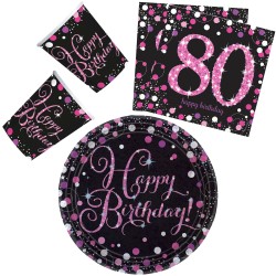 Coffret de fête Happy Birthday Pink 80 avec 32 pièces et assiettes de 23 cm