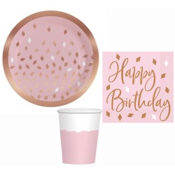 Coffret de fête d'anniversaire en or rose avec 32 pièces et assiettes de 23 cm