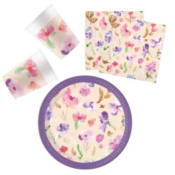 Flower Watercolor Flowers, party set of 36 pcs with 23 cm plate