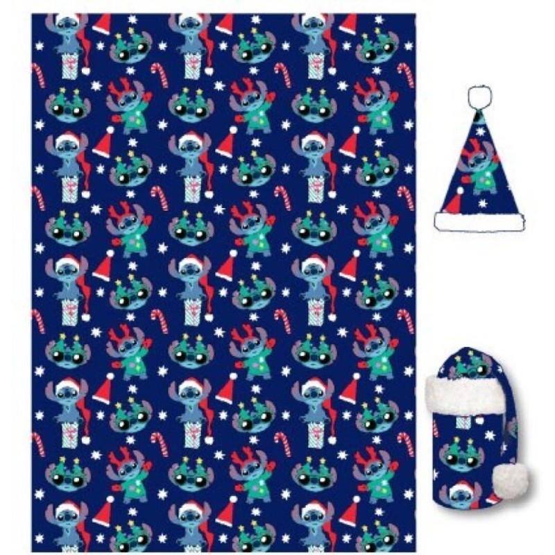 Disney Lilo and Stitch Holiday Christmas flannel blanket and hat set