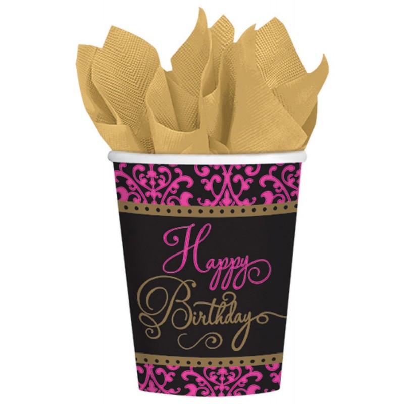 Gobelets en papier rose « Joyeux anniversaire » 18 pièces 266 ml