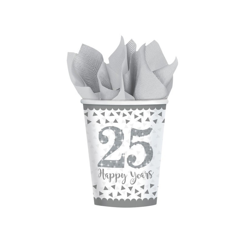 Gobelets en papier anniversaire argent 25e anniversaire 8 pièces 266 ml