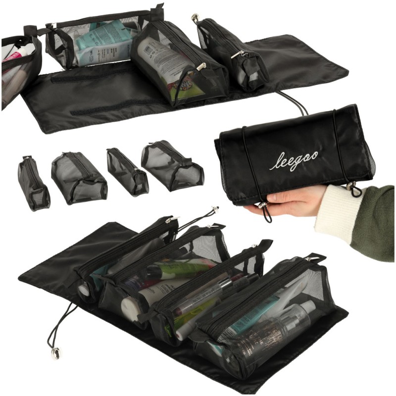 Sac à cosmétiques de voyage pliable amovible rétractable 4 en 1 grande capacité portable noir